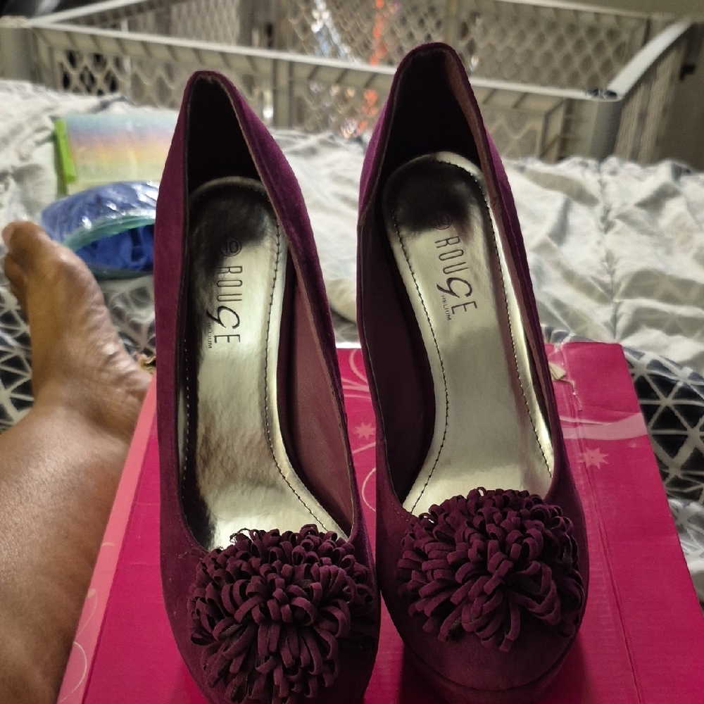 Rouge Helium Plum Heels with Floral Accent